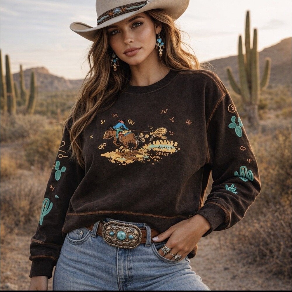 Ariat Brown Graphic Western Sweatshirt with Teal Accents